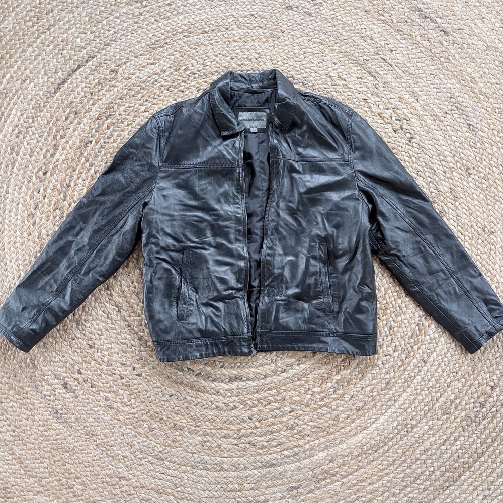 Men's Johnston &‎ Murphy Leather Jacket Size L  Black Collar Zipper Lined